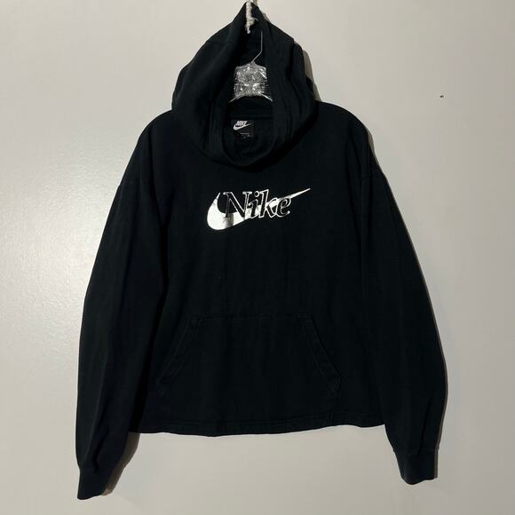 Nike Funnel Neck Mirrored Silver Metallic Logo Print Black Hoodie Womens Size M - Picture 1 of 7